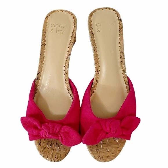 Crown & Ivy Winnie Slides Fuchsia Fabric Bow Cork Block Heel Sandal Size 7.5 - Picture 3 of 14